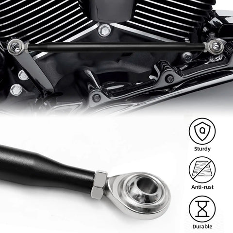 Round Gear Shift Linkage Replacement For Touring Electra Glide And Road King Motorcycles 1980-2020 Black Finish Durable Steel Build Smooth And Precise Shifting Upgrade For Ride-Ready Easy Shifts. Black round linkage installed on Harley engine with rod end close-up.