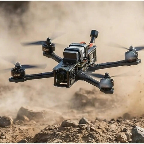 X3115 900KV Brushless FPV Drone flying over rocky terrain, equipped with 4 motors for 8 9 10 Inch freestyle and long-range quads.