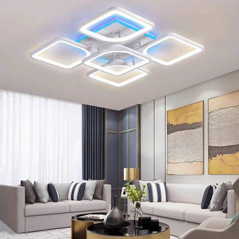 Rectangular LED Ceiling Light With Dimmable Remote 60W Front Light And 5W RGB Backlight in modern living room setting