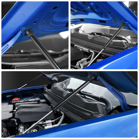 Chevy Colorado Hood Struts for GMC Canyon 2023 to 2026 under hood view with gas springs attached to blue hood