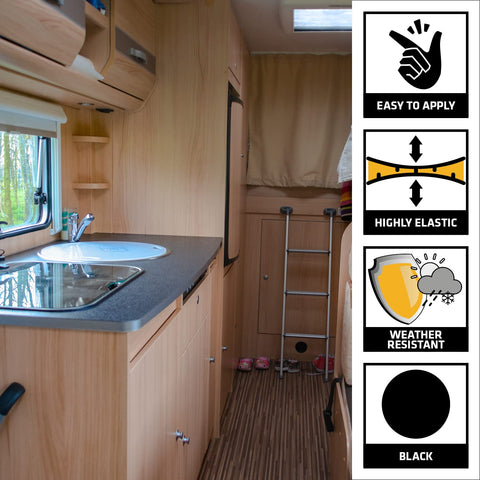 Interior RV kitchen with wood cabinets and sink, promoting Do It All Black Polyurethane Sealant Adhesive, 10.1 Fl Oz, Permanent Elastic Seal.