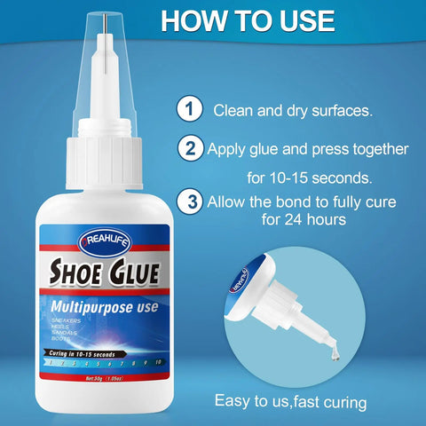 Heavy Duty Shoe Repair Glue For Boots, Sneakers, Heels And Sandals, 30g, Tough As Nails Adhesive For Sole Repairs, clear bottle with applicator