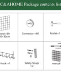 Package contents list for 20 Cube Wire Grid Storage Organizer In Black Metal, A Flexible Modular Shelving System For Home Use.
