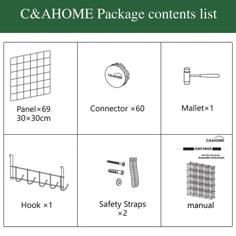 Package contents list for 20 Cube Wire Grid Storage Organizer In Black Metal, A Flexible Modular Shelving System For Home Use.