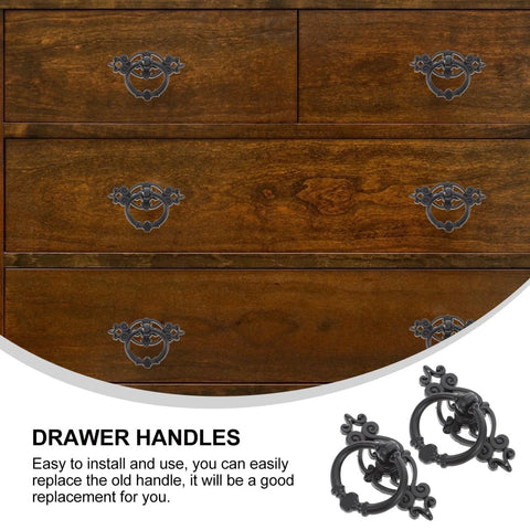 Antique Ring Handle Drop Pulls on wooden dresser, showcasing classic vintage style cabinet hardware made from durable zinc alloy.