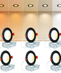 Black Recessed Canless 4 Inch Wafer Pot Lighting With Junction Box Dimmable 5 Color Temperature Selectable 2700K To 5000K 9W 120V IC Rated ETL 6 Pack Easy Install showing color options