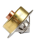 High Performance High Flow Thermostat Opens At 180 Degrees For Street, Drag, And Oval Track Racing, Copper And Brass Construction Resists Coolant Pressure Variations And Delivers Consistent Temperature At High RPM. shown angled