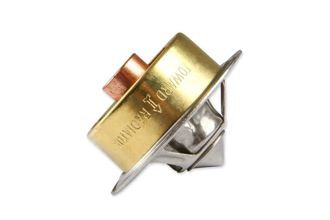 High Performance High Flow Thermostat Opens At 180 Degrees For Street, Drag, And Oval Track Racing, Copper And Brass Construction Resists Coolant Pressure Variations And Delivers Consistent Temperature At High RPM. shown angled
