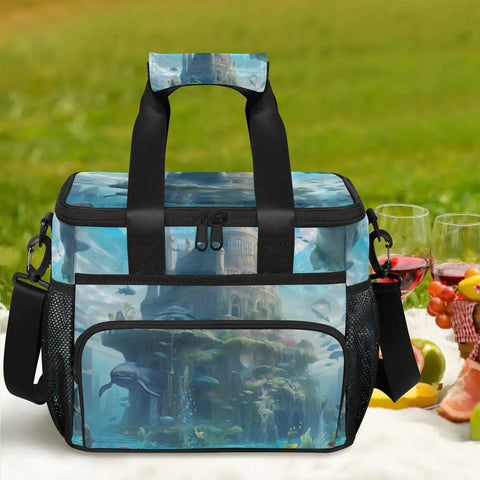 Insulated Picnic Backpack With Built In Lunch Box For Outdoors And Travel on picnic blanket with fruits and drinks