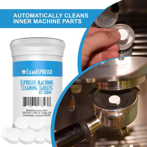 2 Gram Cleaning Tablets For Espresso Machines, 40 Count Pack, Breville Compatible, shown with espresso machine use.