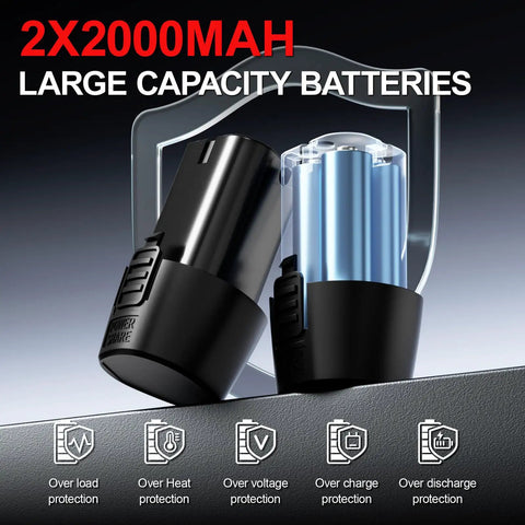 Cordless Ratchet Wrench Kit With LED Light, 12V Workhorse Power Tool Kit batteries, two 2000mAh capacity with protection features.