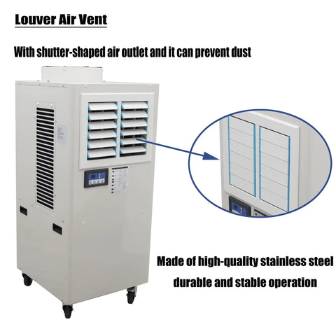 Workhorse Industrial Spot Cooler Dropping 20400 BTU Frost With 3600 Cubic Meter Hour Airflow And Beefy 14 Liter Tank with stainless steel construction.