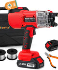 Automatic Rebar Tie Gun Cordless Electric Wire Twister Tool with case, battery, spools, and pliers displayed.