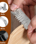 Close-up of a person using Three Piece Stainless Steel Wire Gauge Measuring Tool Set For Wire And Metal Sheet Thickness.