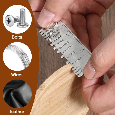 Close-up of a person using Three Piece Stainless Steel Wire Gauge Measuring Tool Set For Wire And Metal Sheet Thickness.