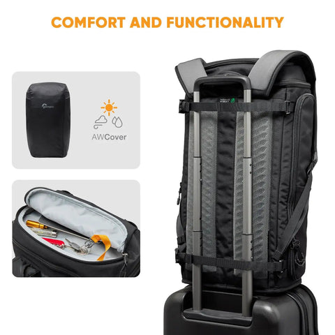ProTactic Lite BP 250 AW III Laptop Backpack with top and side access on luggage handle, showing rain cover and zip pouch.