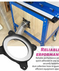 Premium 4 Inch Steel Ring Receiver For Dust Collection Systems mounted to a workbench for secure dust collection hose setup.
