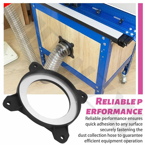 Premium 4 Inch Steel Ring Receiver For Dust Collection Systems mounted to a workbench for secure dust collection hose setup.