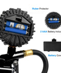 Back of All In One Digital Tire Inflator With Gauge And Bleed Valve showing battery compartment and 2 AAA batteries