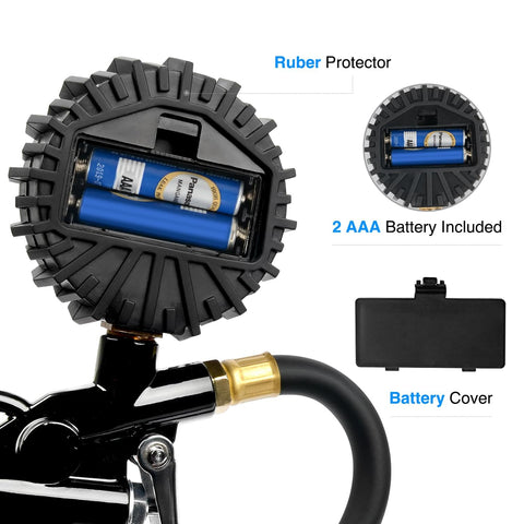 Back of All In One Digital Tire Inflator With Gauge And Bleed Valve showing battery compartment and 2 AAA batteries
