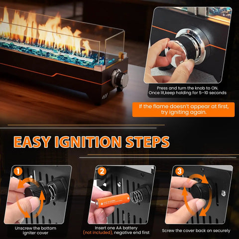 36 Inch Tabletop Propane Fire Pit With 50000 BTU Portable Gas Fireplace showing ignition steps and controls