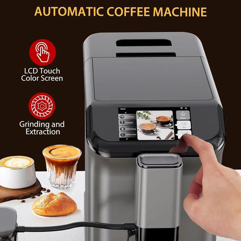 Fully Automatic Espresso Machine Delivering Knockout Crema With 20 Bar Pump Pressure Built In Burr Grinder And Straight Up Easy Milk Frother For Smooth Cappuccino And Iced Coffee Sips, featuring touchscreen controls.