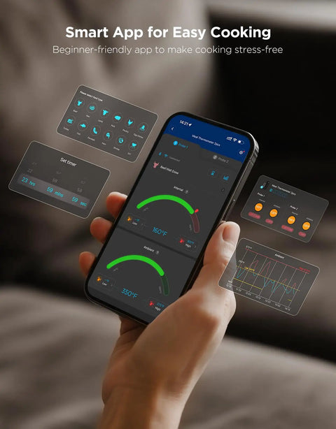 Smartphone displaying Dual Probe Smart Wireless Meat Thermometer app with Bluetooth and WiFi features