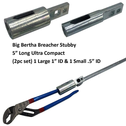 Big Bertha Breacher Stubby Super Leverage Breaker Bar One Half Inch ID And One Inch ID Wrench Extender Set, shown with pliers
