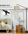 Modern living room with Arc Floor Lamp With Cantilever Arm For Couch And Reading Nook, Adjustable Height, Linen Shade