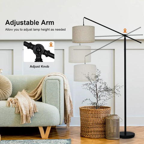 Modern living room with Arc Floor Lamp With Cantilever Arm For Couch And Reading Nook, Adjustable Height, Linen Shade
