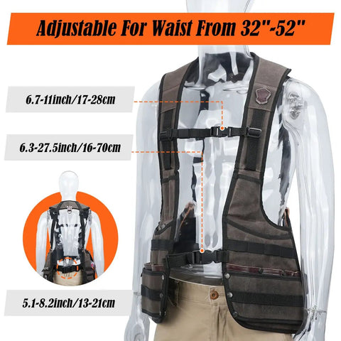 Heavy Duty Carpenter Tool Vest With Thick Top Grain Buffalo Leather And Twenty Ounce Waxed Canvas shown adjustable for waist sizes.