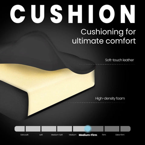 Cushion cutout showing soft-touch leather and high-density foam, medium-firm support for Racing Style Gaming Chair With Pull-Out Footrest And Lumbar Support, High Back Ergonomic Leather Desk Chair For Long Gamer Sessions, Home Office Comfort, Height Adjustable, Easy Assembly.