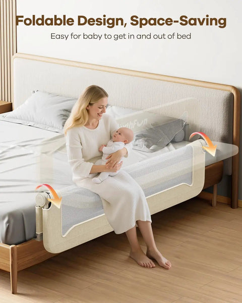 Mother with baby sitting on bed with Foldable Toddler Bed Rail 59 Inch Reinforced Carbon Steel Frame With Connectors visible