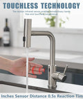 Slick Hands Free Kitchen Sink Faucet With Pull Down Sprayer And Waterfall Flow Featuring 360 Degree Swivel Design And No Sweat Auto Shut Off Feature For Everyday Home Cooking Tasks with touchless technology and motion sensor.