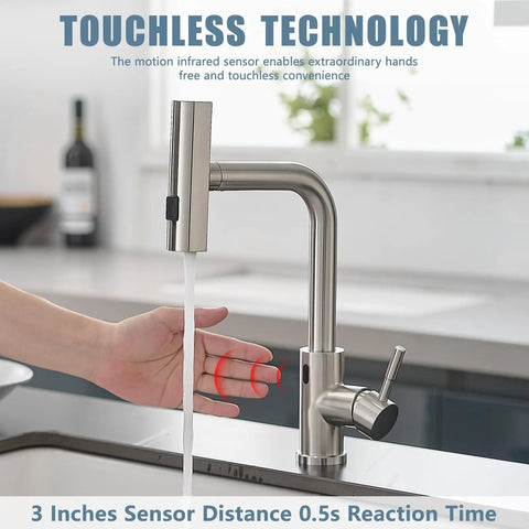 Slick Hands Free Kitchen Sink Faucet With Pull Down Sprayer And Waterfall Flow Featuring 360 Degree Swivel Design And No Sweat Auto Shut Off Feature For Everyday Home Cooking Tasks with touchless technology and motion sensor.