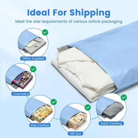 Image of Poly Mailers 10x13 Inches 50 Pack Self Seal Shipping Envelopes Weatherproof Tear Resistant For Clothing Water Resistant Packaging Bags In Haze Blue displaying various uses such as shipping office supplies, cosmetics, kids clothes, gift boxes, and adult clothing.
