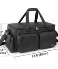 DJ Cable Organizer Bag With Detachable Padded Bottom And Dividers, displaying dimensions and exterior pockets