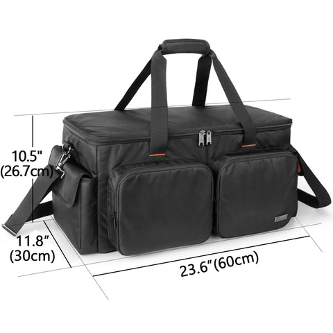 DJ Cable Organizer Bag With Detachable Padded Bottom And Dividers, displaying dimensions and exterior pockets