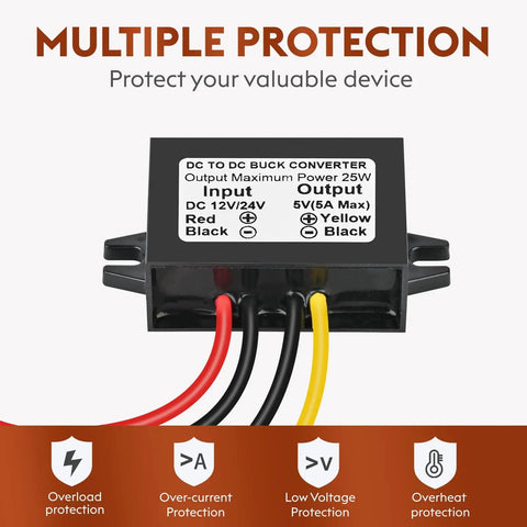 Two Pack 24V And 12V To 5V 5A 25W Step Down Converter Module Buck Regulator with wire connections and protection features