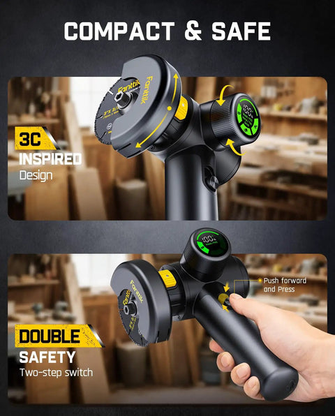 Cordless Angle Grinder With LED Display, Pro-Grade Brushless Power, Go-To DIY Cut Off Tool, 3 Speed Modes, Double Safety, Type C Fast Charging, 10000 RPM Mini Cutter Kit With 4 Blades shown in a workshop setting.