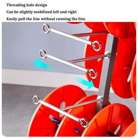 Heavy Duty Cable Spool Dispenser With Wheels For Industrial Wire Unroller showing threading hole design and mobility feature.