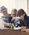 Family using Binocular Compound Microscope For Adults And Students, 200X-5000X Magnification, Wide Field View, in a lab setting.