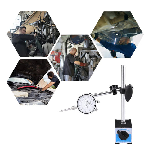 Dial Indicator With Magnetic Base 0 To 1.0 Inch Range 0.001 Inch Precision Long Arm With Fine Adjustment shown in automotive use