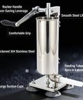 Manual Sausage Stuffer Press Vertical 304 Stainless Steel Sausage Maker 3L Capacity About 6 Lb Includes 8 Tubes In 6 Sizes 15 16 19 22 25 28mm Stainless And Plastic Tube Set For Home Casing And Grilling DIY Backyard Friendly, front view with rocker handle and suction cups.