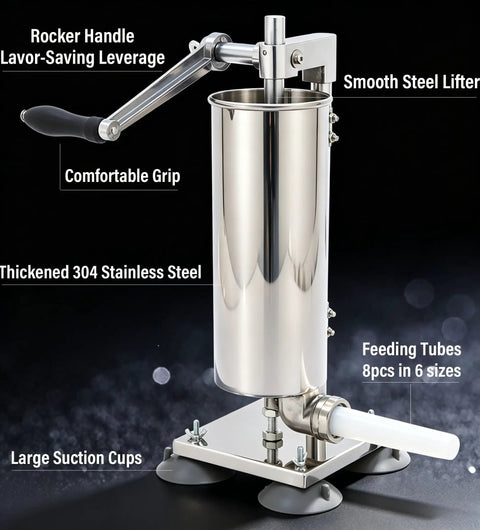 Manual Sausage Stuffer Press Vertical 304 Stainless Steel Sausage Maker 3L Capacity About 6 Lb Includes 8 Tubes In 6 Sizes 15 16 19 22 25 28mm Stainless And Plastic Tube Set For Home Casing And Grilling DIY Backyard Friendly, front view with rocker handle and suction cups.
