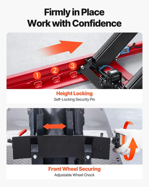 Close-up of VEVOR Motorcycle Lift Table's height locking mechanism and adjustable wheel chock for secure operation.
