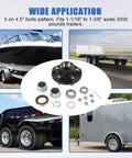 Wide application of Trailer Hub Kit Beefed-Up 5 Bolt 4.5 Inch 3500 Lb Idler Wheel for 1-1/16 to 1-3/8 Inch Axles shown in various trailers.