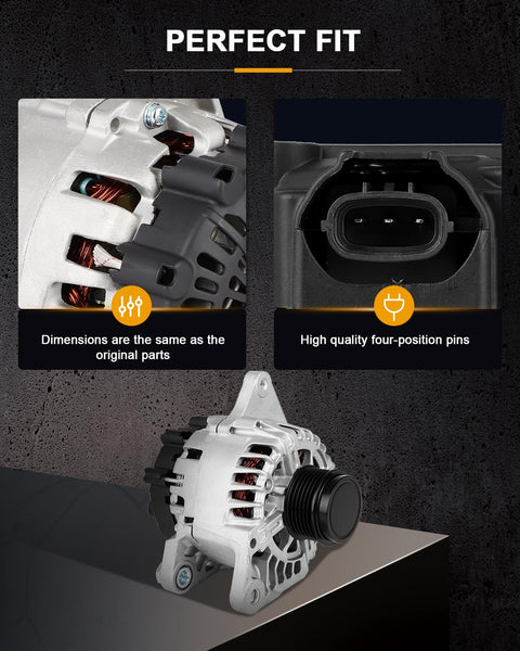 Replacement Alternator For Kia Forte 2014 2015 2016 And Kia Soul 2012 2013 2014 2015 2016 With OE Grade Bearing showing dimensions and pins