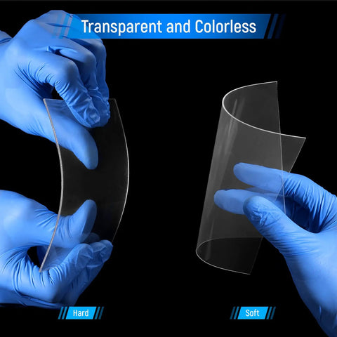 Bubble-Free 2.0mm Thermoforming Sheets For Dental Lab Splints, hard and soft options, 5x5 Inch vacuum forming material in gloved hands