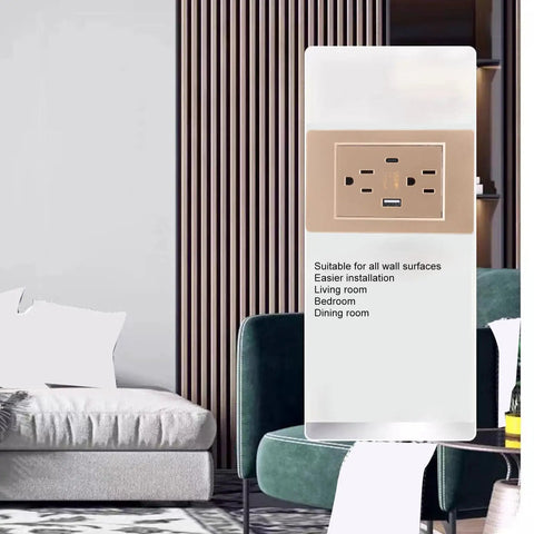 Heavy Duty Wall Outlet With Dual Usb And Type C Charging Ports, 15 Amp Electrical Receptacle mounted in an elegant living room setting.